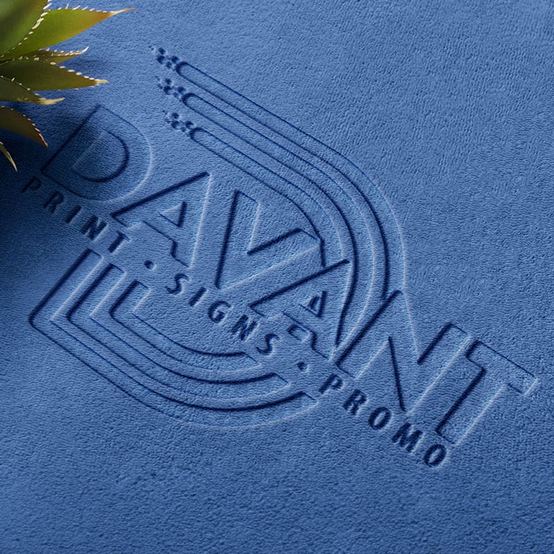 Blue textured paper with davant logo emobssed